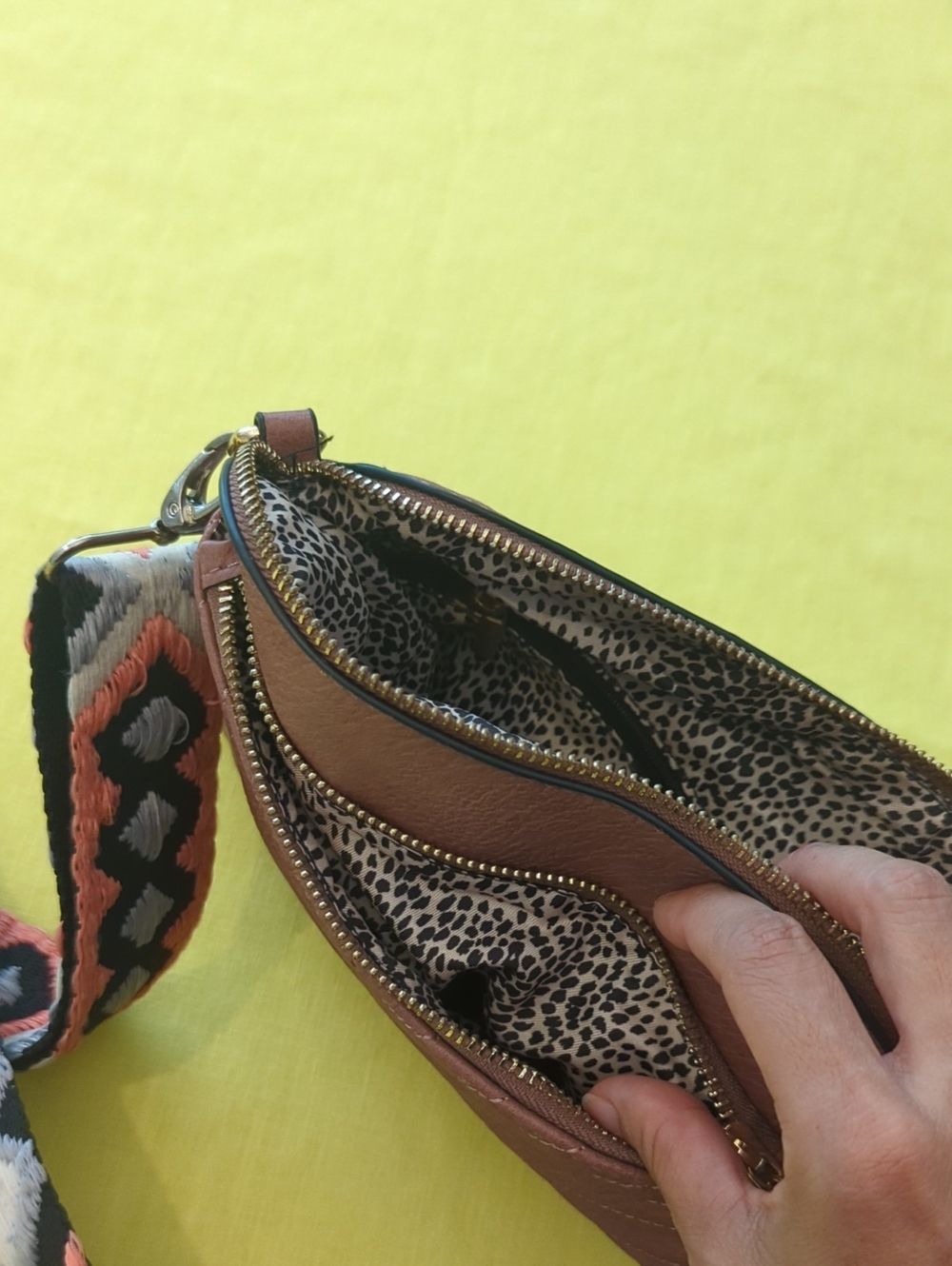 Brown Quilted Crossbody Bag with Patterned Strap - Picture 11 of 14